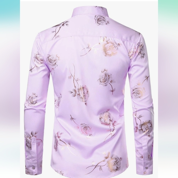 Lavender hipster button down with gold 3D roses size Men's medium - Picture 2 of 11